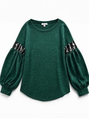 White Birch Balloon Sleeve Blouse Green Black Sequin Detail Size Medium